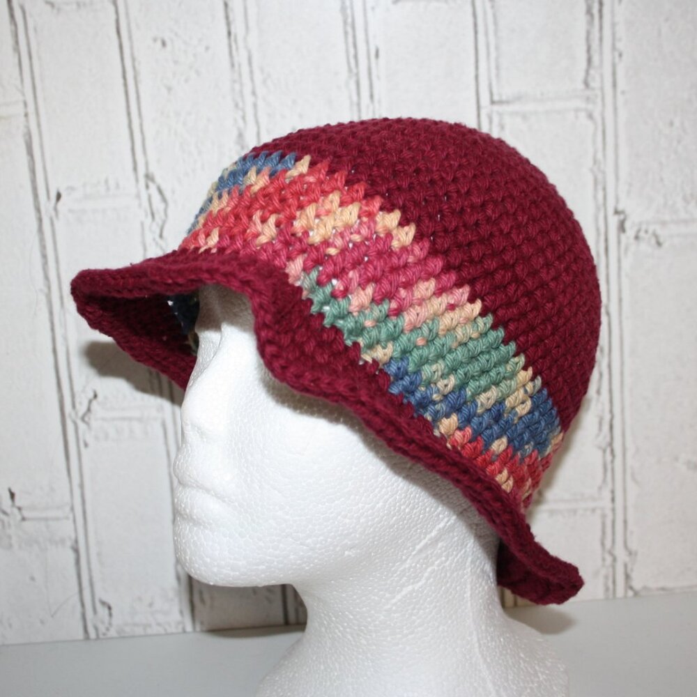 🍷🌈 Maroon & Colorful Cotton Crocheted Sunhat – Handmade · Adult Size